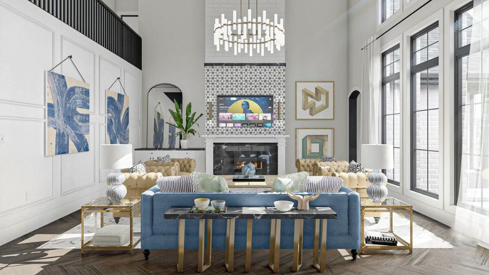 大房间里有一个蓝色沙发，簇绒扶手椅，黄铜桌子，和一个壁炉，上面有电视。