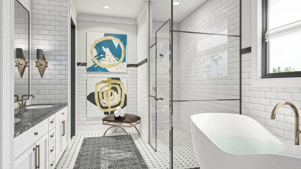 主浴室有一个双洗手池梳妆台，一个步入式淋浴，和一个配有黄铜固定装置的独立浴缸。