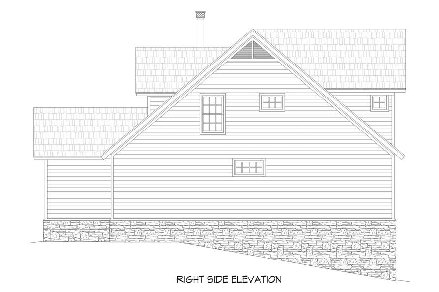 两层三卧室农舍的右立面草图。