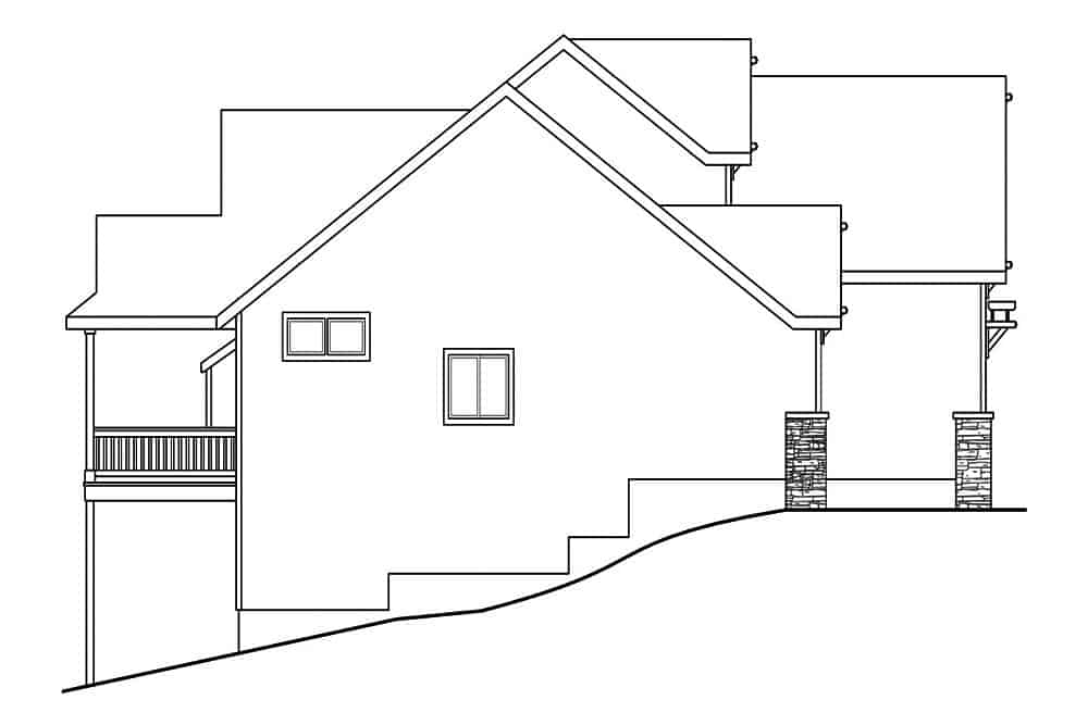 左立面的两层乡村风格的3卧室住宅草图。