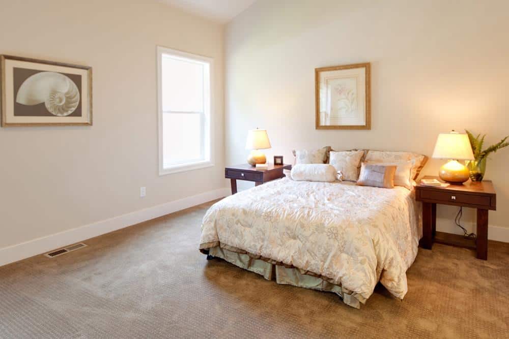 主卧室有拱形天花板，框艺术品，和一个舒适的裙摆床两侧的木制床头柜。