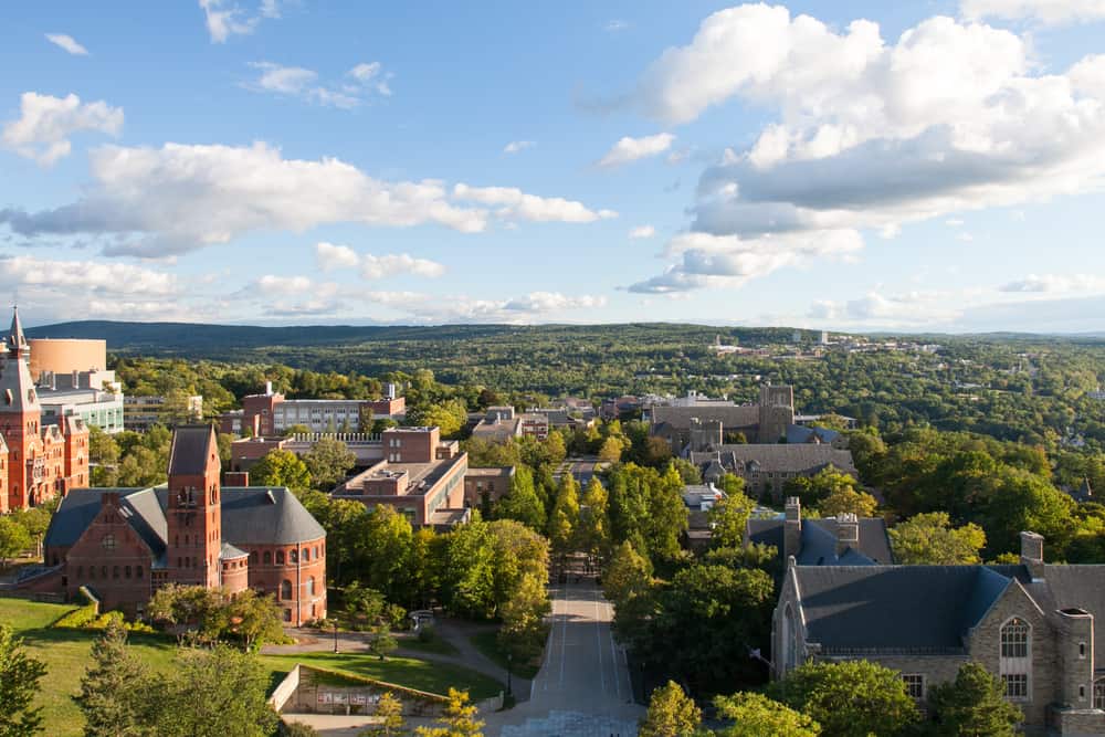 这是纽约伊萨卡市康奈尔大学的鸟瞰图。