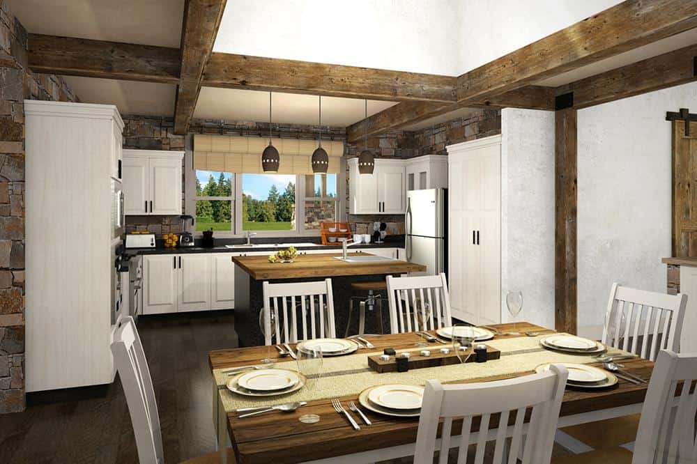 结合厨房和餐厅和微笑着天花板,白色的橱柜,电器,早餐岛,和一套6-seater用餐。
