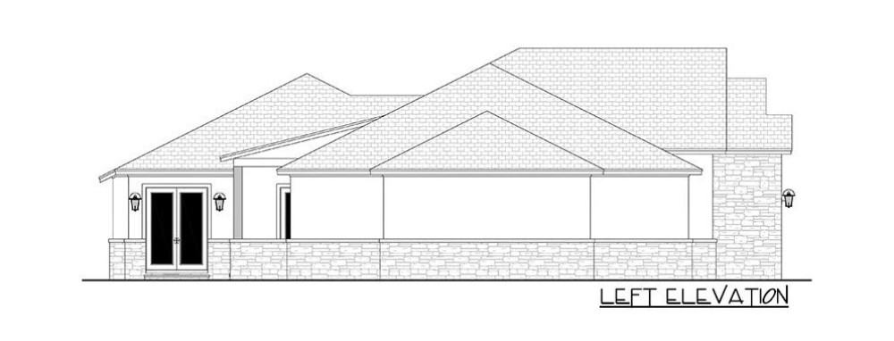 左立面草图的3卧室单层山乡村住宅。