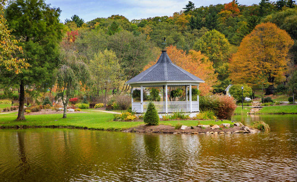 布洛伊希尔公园和梅维尤湖在吹石市中心的秋天视图，北卡罗莱纳。
