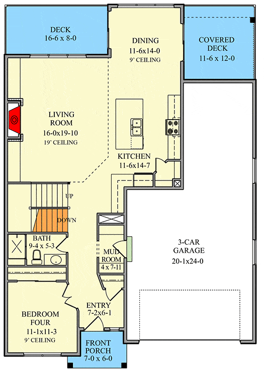 两层5卧室现代现代住宅的主平面平面图，设有客厅，厨房，用餐区，卧室和通往车库的储藏室。
