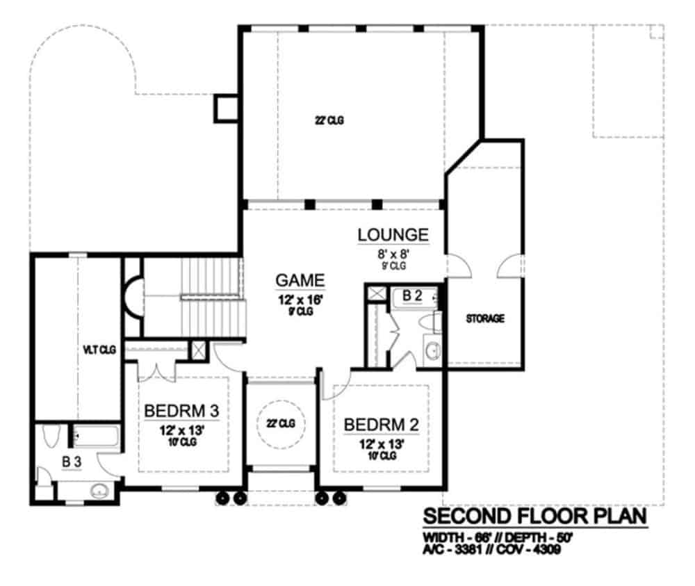 二层平面图有两间卧室套房和一间带休息区的游戏室。