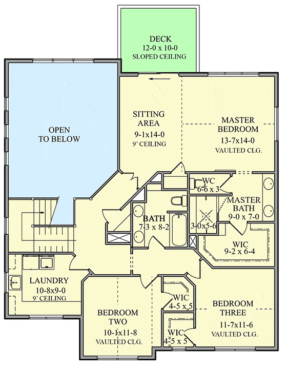 二楼平面图，有三间卧室，两间浴室和一间洗衣房。