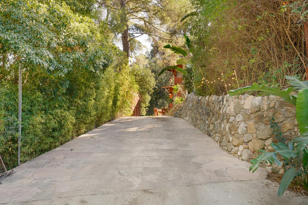 这是通往房子的长长的混凝土车道，两旁都是树木和树叶。图片来自Toptenrealestatedeals.com