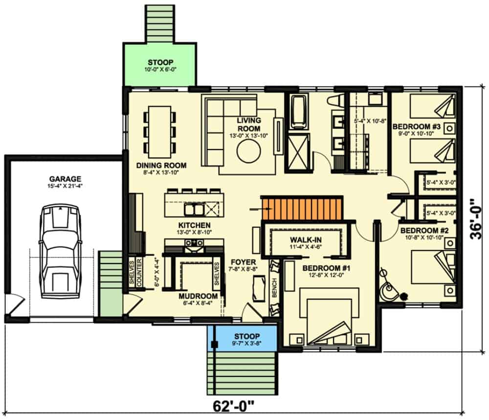 一个3卧室的单层新美国牧场的主要楼层平面图，设有门厅、客厅、餐厅、厨房和一个通往单一车库的储藏室。