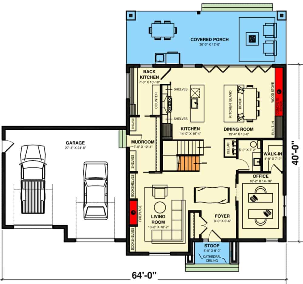 6间卧室过渡风格的两层农舍的主要楼层平面图，设有门厅、客厅、厨房、用餐区、办公室和通往双车库的储藏室。