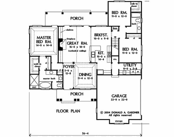 传统3卧室单层的Meadowlark牧场的主要层平面图，带有前后门廊，门厅，餐厅，大房间，厨房，早餐角，以及通往车库的公用设施。