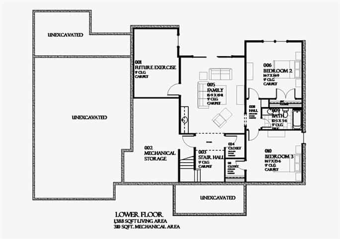 低层平面图，家庭房和两间卧室共享位于中央的大厅浴室。