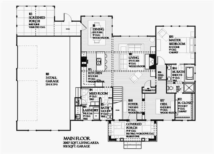 三卧室单层传统住宅的主要楼层平面图，设有门厅、客厅、厨房、餐厅、主要套房、书房和通往车库的储藏室。
