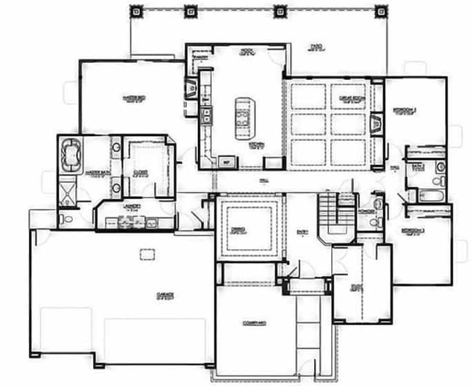 单层3卧室工匠之家的主平面平面图，设有庭院，门厅，餐厅，大房间，厨房，洗衣房，三间卧室和宽敞的露台。