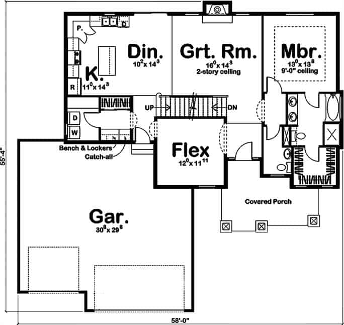 传统的三卧室两层工匠之家的主平面平面图，设有灵活的房间，大房间，用餐区，厨房，主套房和通往车库的洗衣房。