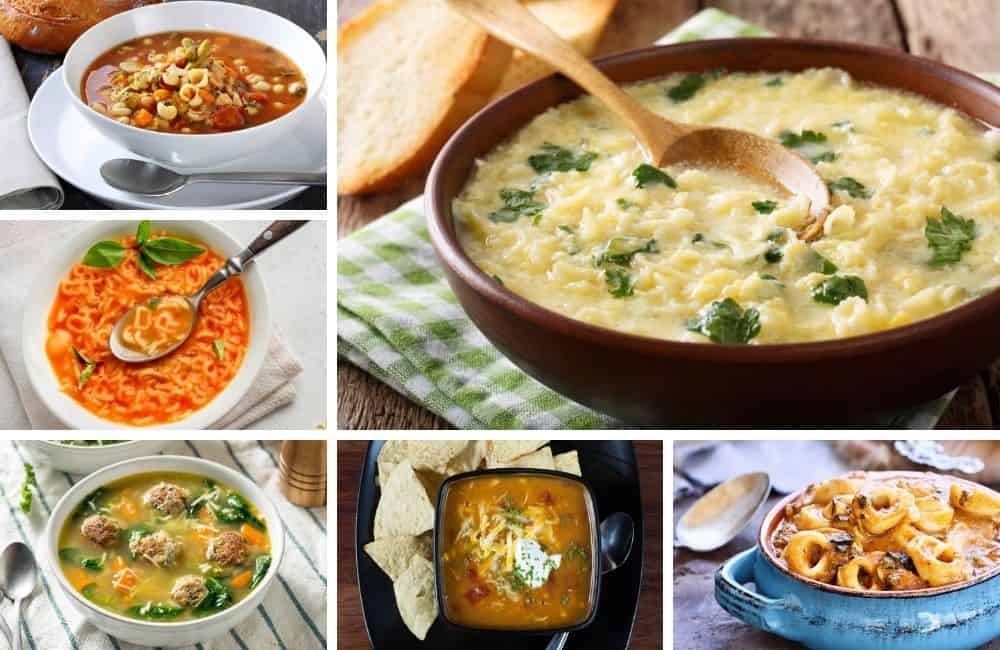 各种意大利面汤食谱的照片网格。