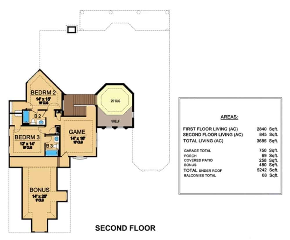 二级平面图有两间卧室,两个浴室,一个游戏的房间,和一个巨大的奖金的房间。