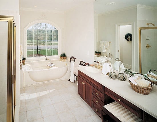 主浴室有一个双洗手池梳妆台，一个步入式淋浴间，一个固定在拱形窗户下的浴缸。