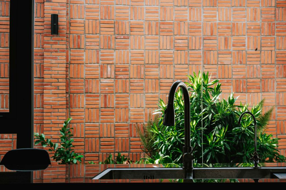 带玻璃墙的厨房水槽可以直接看到后院的植物。
