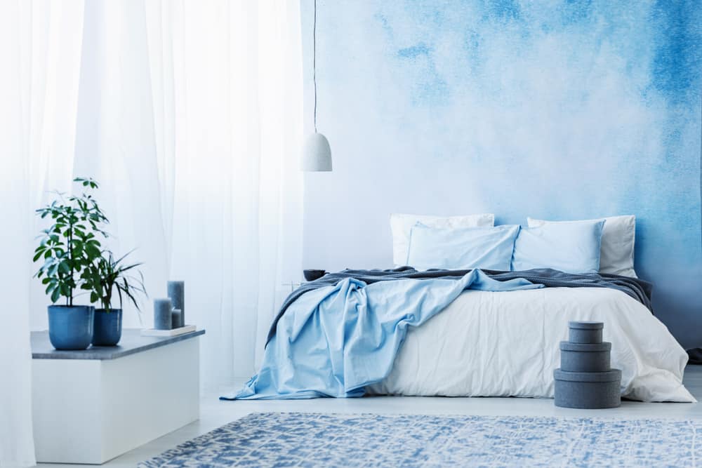 卧室有蓝色的墙壁，大窗户覆盖着透明的窗帘。