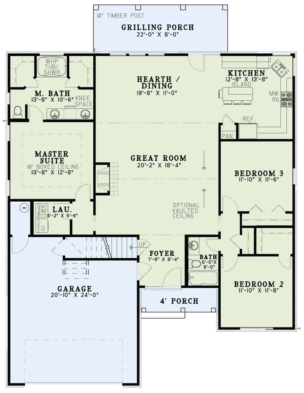 三卧室单层乡村住宅的主要楼层平面图，带有前后门廊，门厅，大房间，厨房，用餐区，洗衣房和双车库。