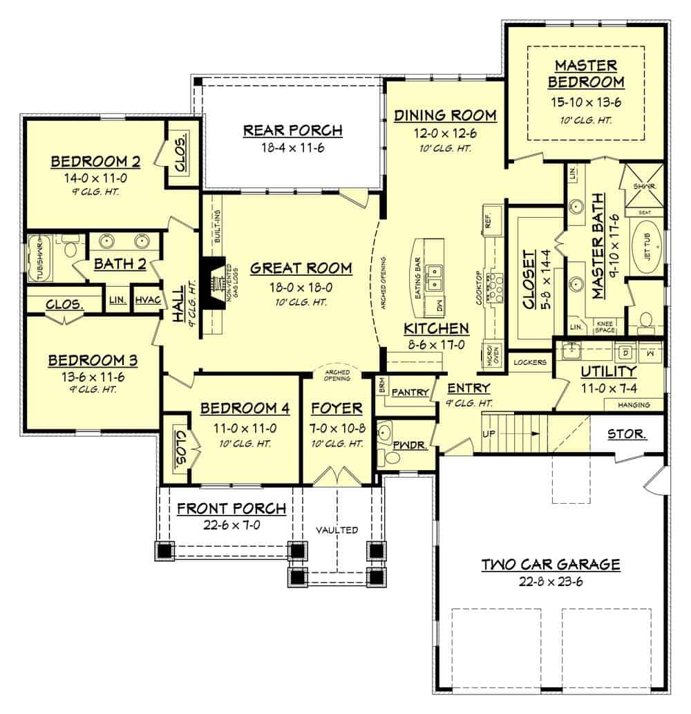 四卧室工匠风格单层住宅的主要楼层平面图，设有门厅，大房间，厨房，用餐区，公用设施和通往车库的储藏室。
