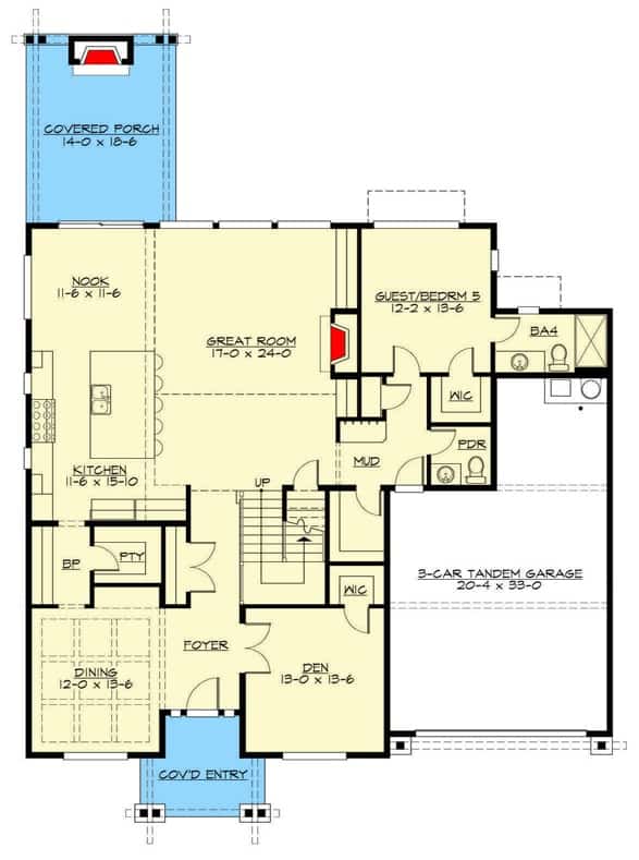 西北一栋5间卧室的两层工匠住宅的主要楼层平面图，设有门厅、餐厅、书房、大房间、厨房、早餐角、客房和通往3车位车库的储藏室。