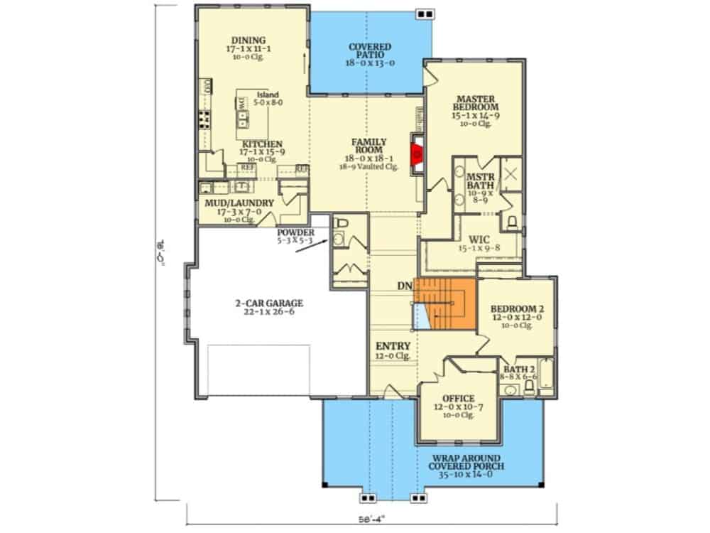 一个质朴的单层三卧室工匠住宅的主要楼层平面图，设有门厅、家庭娱乐室、厨房、用餐区、办公室和通往车库的储藏室。