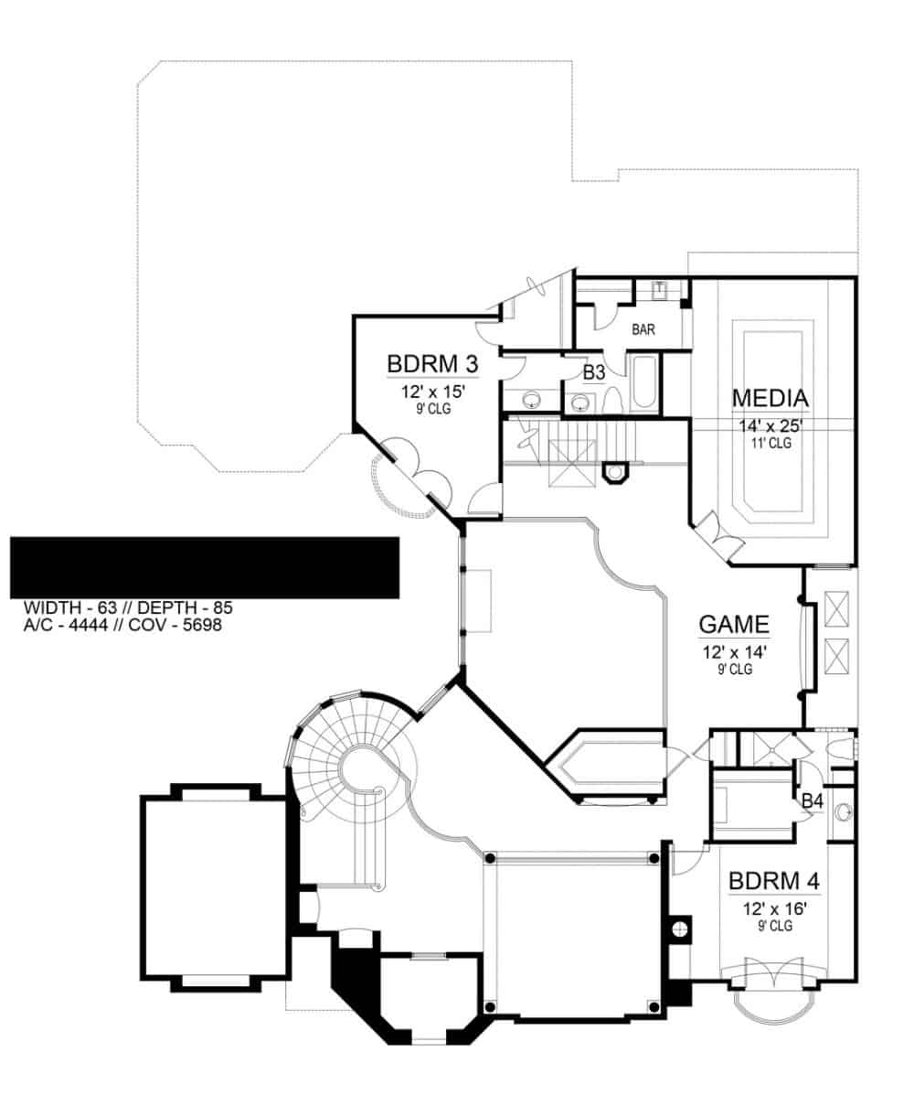 二级平面图有两间卧室,一个游戏房间,和媒体间小酒吧的房间。