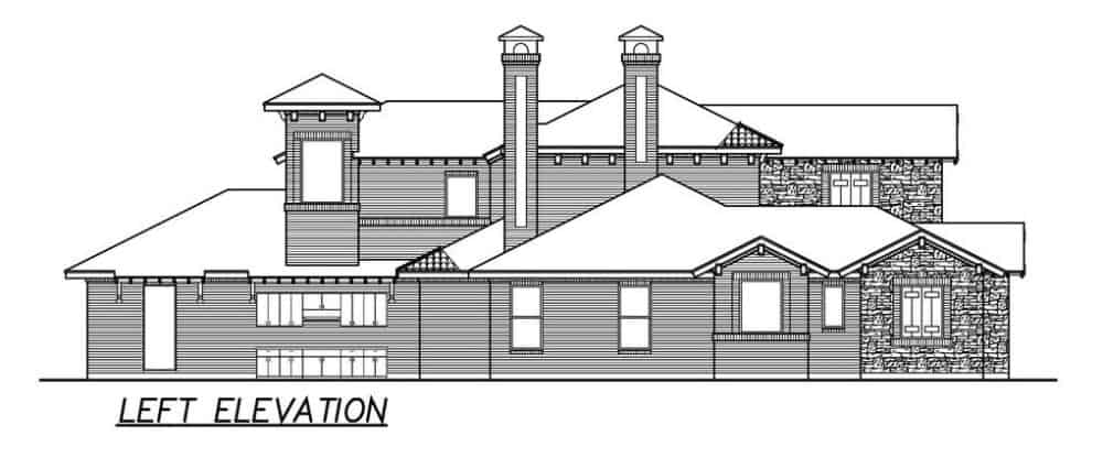 两层四卧室传统住宅的左立面草图。