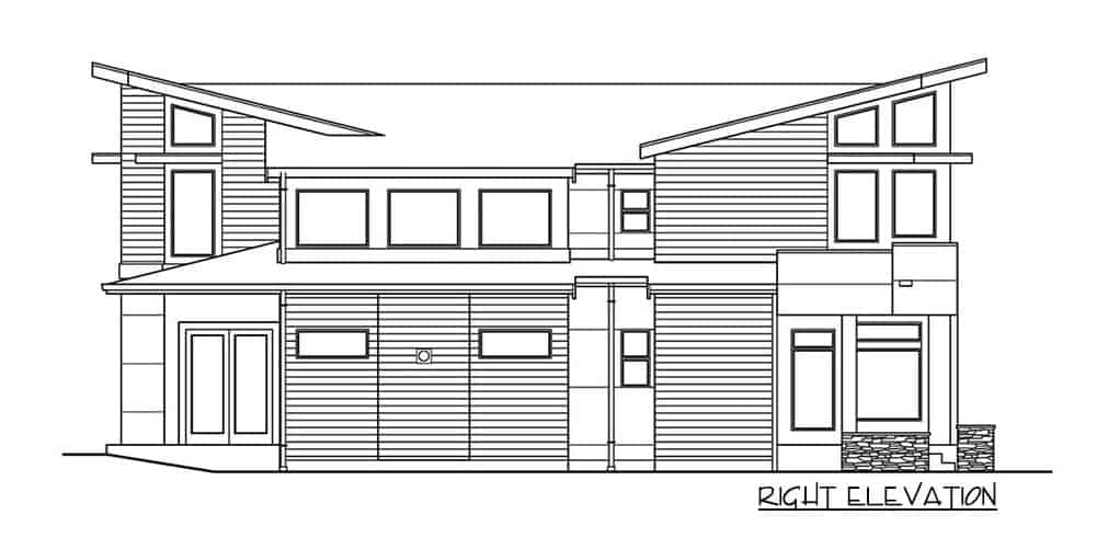 西北四卧室现代风格两层住宅的右立面草图。