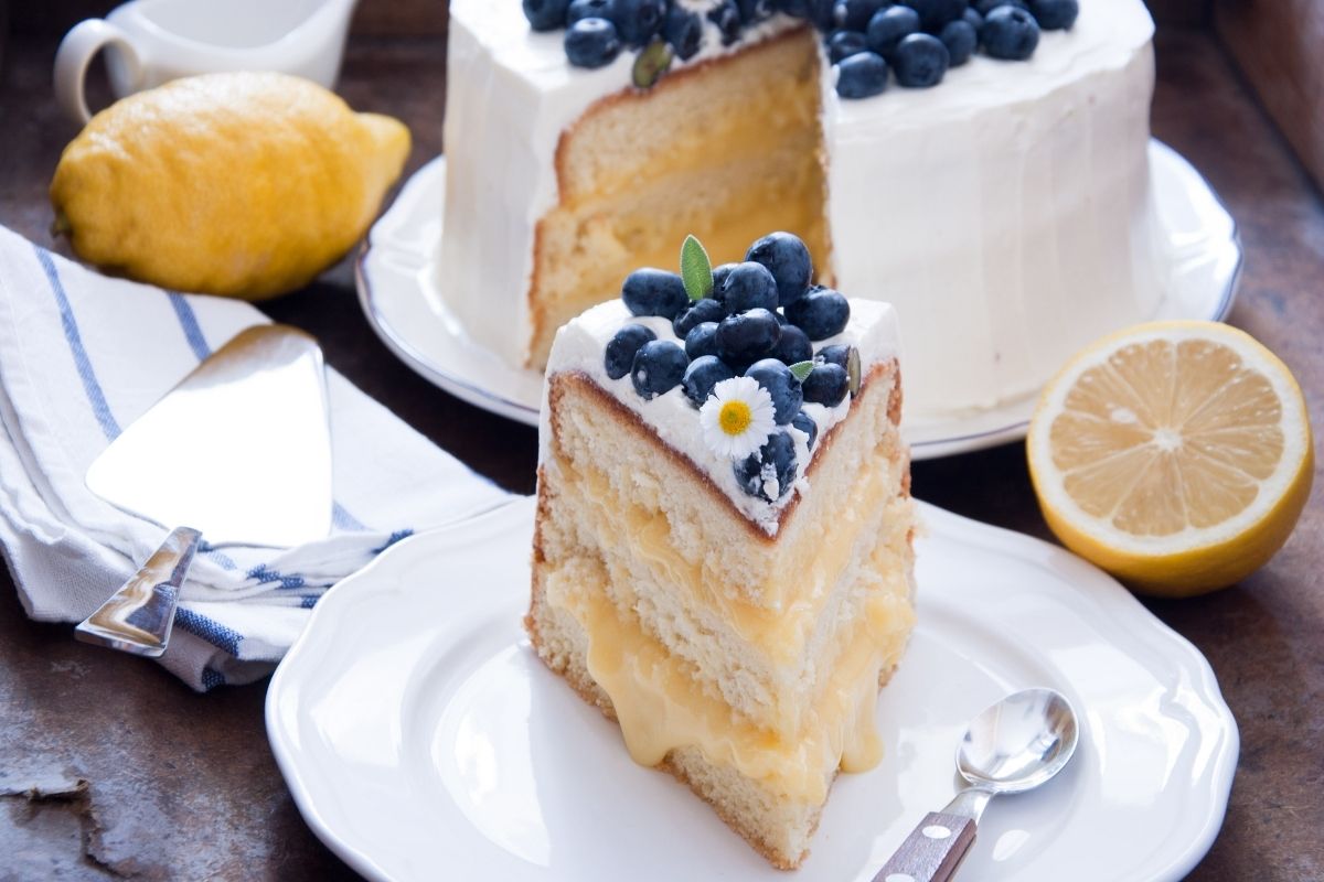 白色盘子里的一片蓝莓柠檬咖啡蛋糕的特写照片。