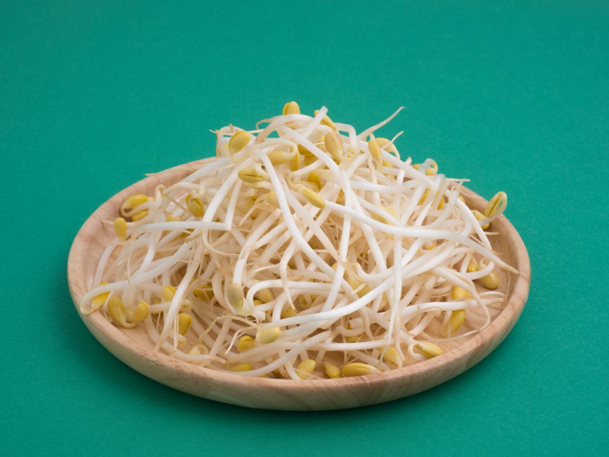 黄豆和豆芽放在木盘子里。