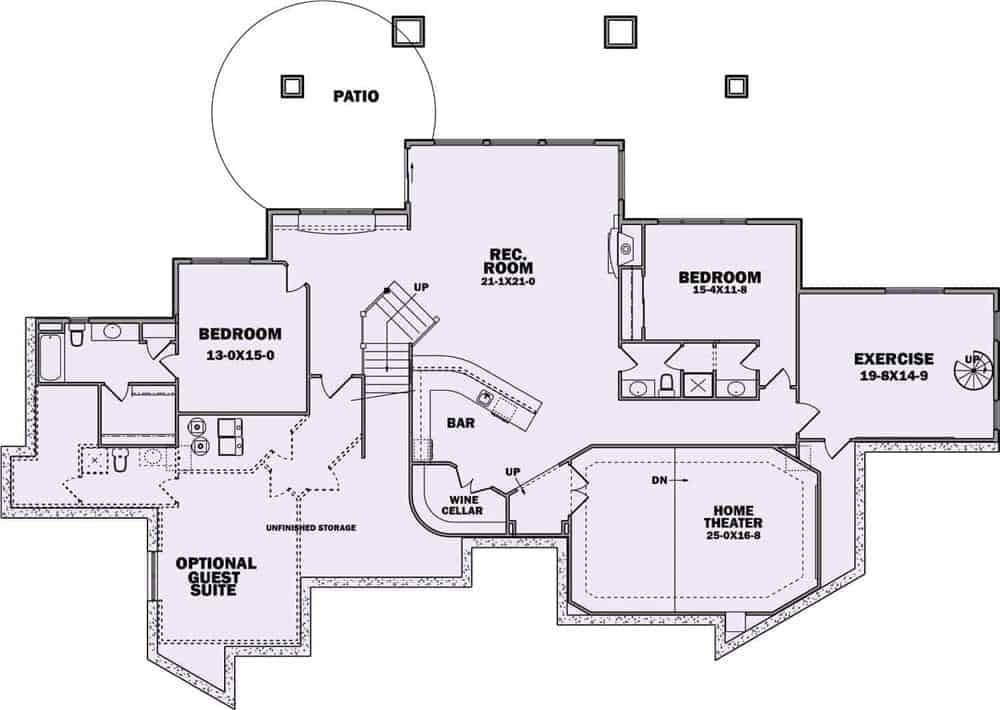 较低楼层平面图有两间卧室，运动室，家庭影院，带湿酒吧和酒窖的REC室，以及可选的客房。