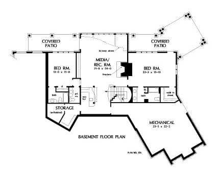 底层平面图有两间卧室、存储房间,和媒体/娱乐室配有一个壁炉,小酒吧,访问后天井。