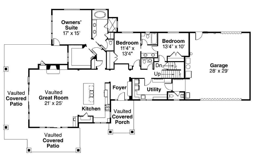 一套三卧室单层工匠住宅的主层平面图，带有门厅、大房间、厨房、三间卧室、一间通往车库的公用设施和一处环绕式屋顶露台。