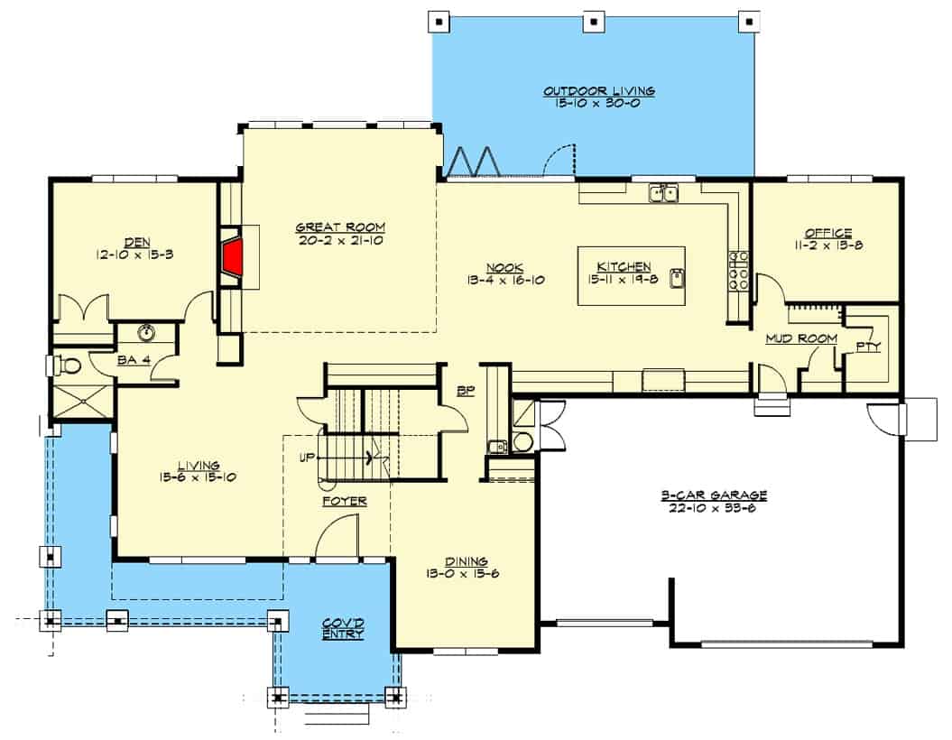 一个4卧室的豪华两层中世纪住宅的主要楼层平面图，设有门厅，客厅，餐厅，大房间，厨房，早餐角，办公室，书房和通往车库的储藏室。