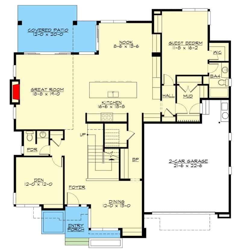 四卧室现代风格两层西北住宅的主平面平面图，设有门厅，餐厅，大房间，厨房，早餐角，客房和通往车库的储藏室。