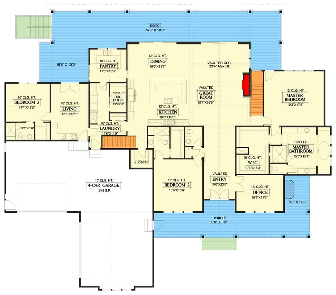 单层6卧室山地工匠住宅的主要楼层平面图，设有门厅、办公室、大房间、用餐区、厨房、三间卧室、客厅和通往车库的洗衣房。