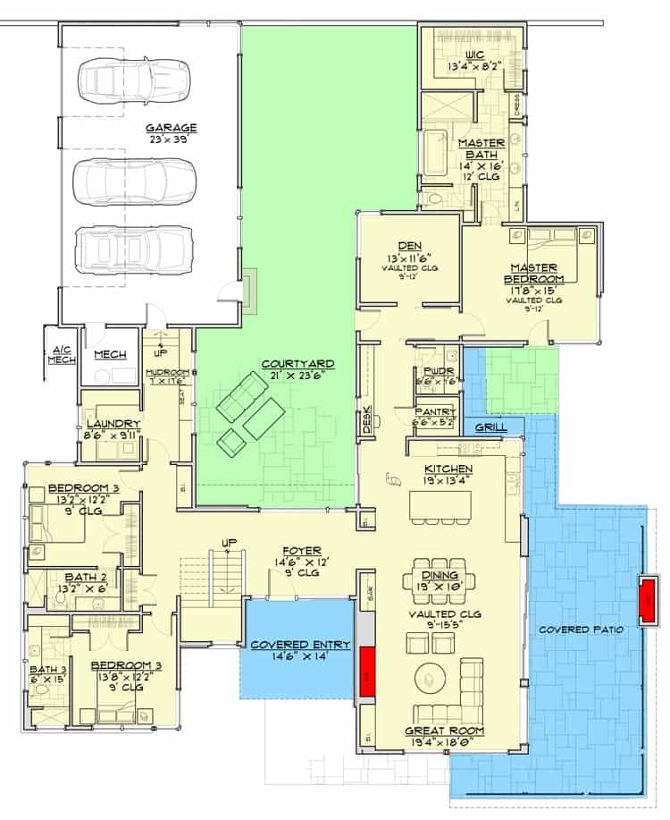 一个5卧室的中世纪现代住宅的主层平面图，设有门厅，大房间，餐厅，厨房，洗衣房，三间卧室，包括主要套房，洗衣房和许多户外空间。