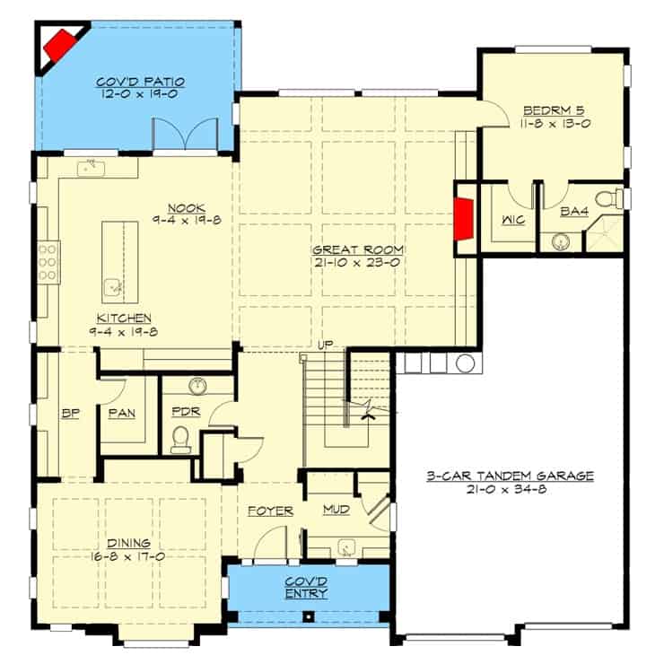 现代三层五卧室农舍的主要楼层平面图，设有门厅，餐厅，大房间，厨房，早餐角，一间卧室和一间通往车库的储藏室。