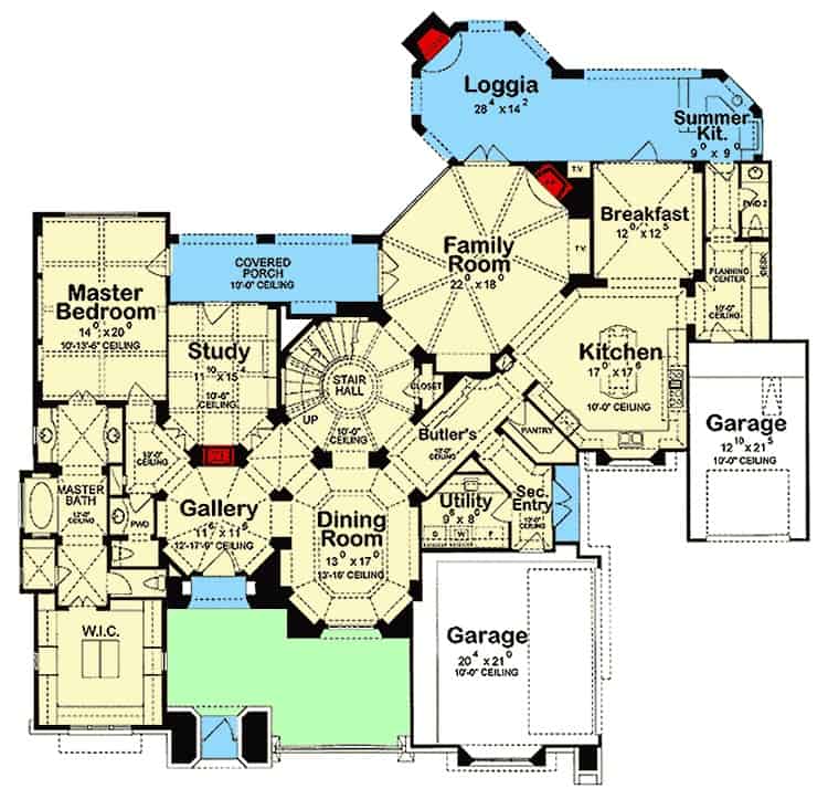 主级两层位于托斯卡纳家的平面图与家人的房间,厨房,餐厅,早餐角落,主卧室,书房,和大量的户外空间。