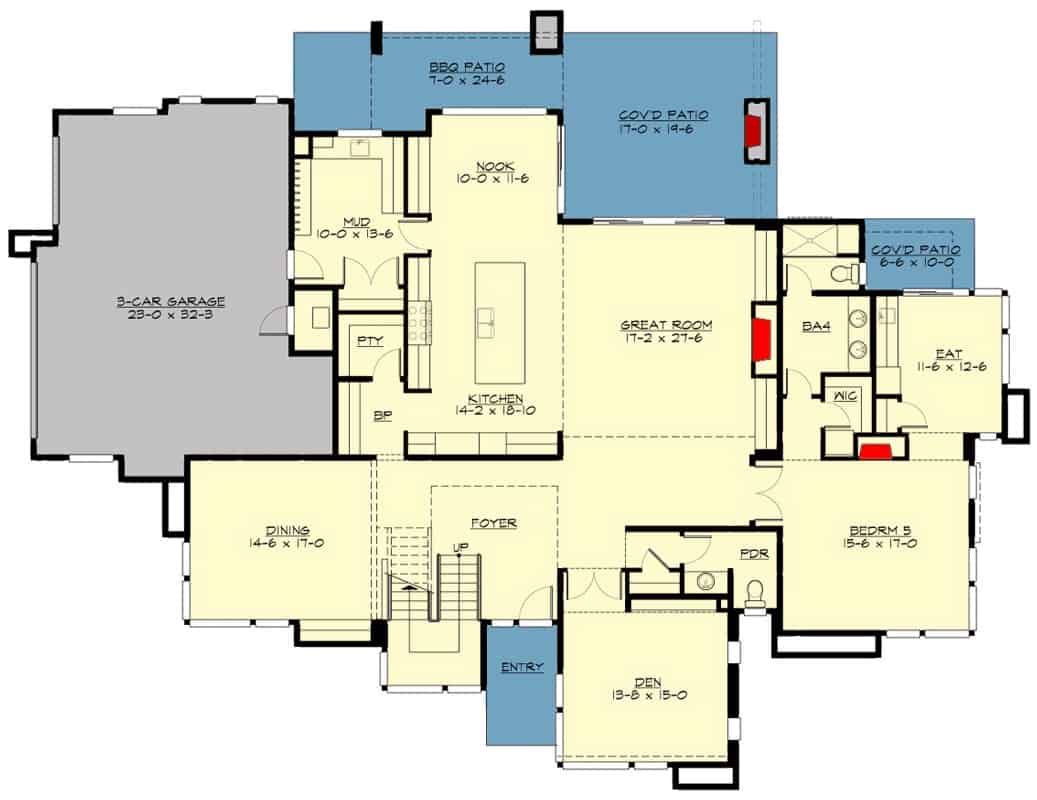 5卧室中期的现代房屋的主层平面图设有门厅，大房间，餐厅，厨房，早餐角，婆婆套房和一个通向车库的泥房。