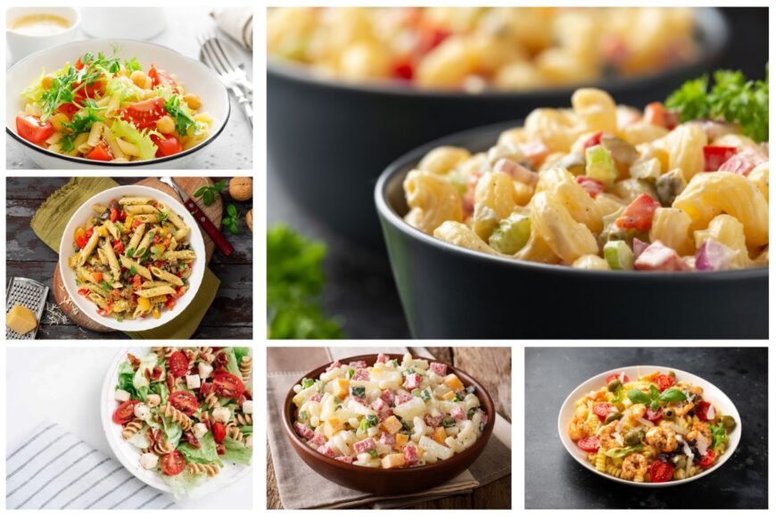 在拼贴画中6种不同的意大利面沙拉配方。