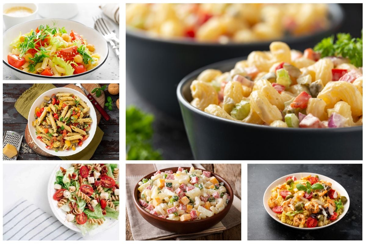 拼贴画中的6种不同的意大利面沙拉食谱。