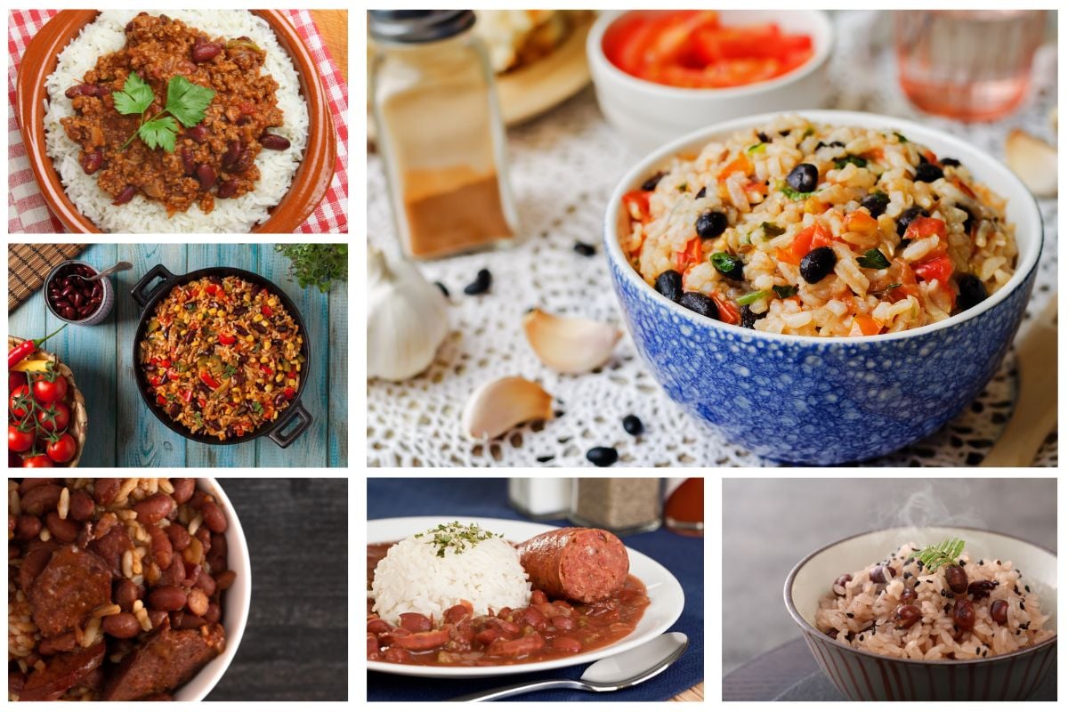 6个健康的豆类和米饭食谱在拼贴画中。