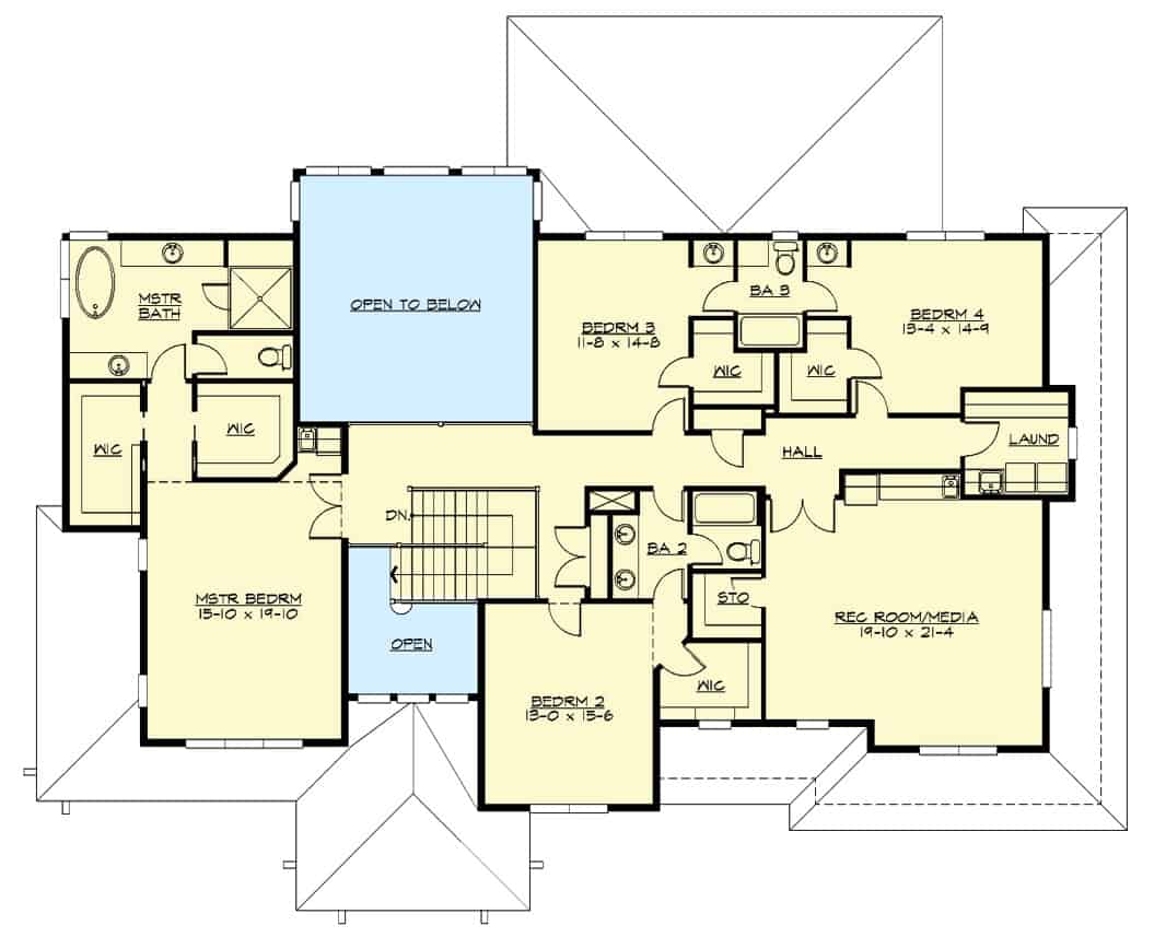 二层平面图有四间卧室，三间浴室和一间带酒吧和储藏室的娱乐室/媒体。