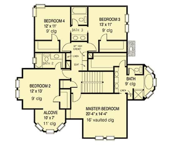 二层平面图有四间卧室，包括主套房。