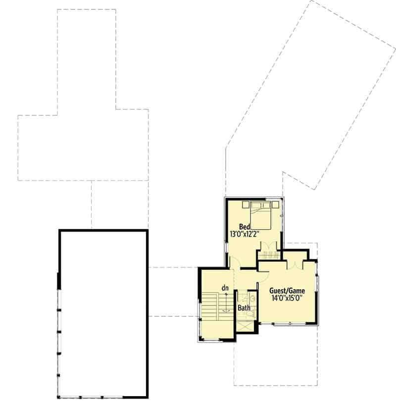 二层平面图有一间卧室和一个灵活的房间，可以用作客房或游戏室。